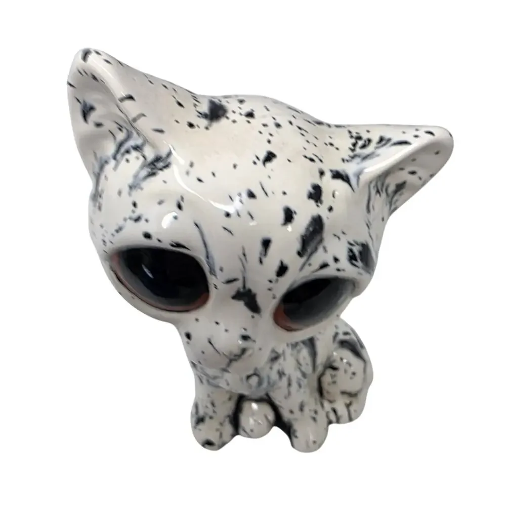 Vintage Big Eye Cat Figurine Black White Ceramic 7in Hairline Crack